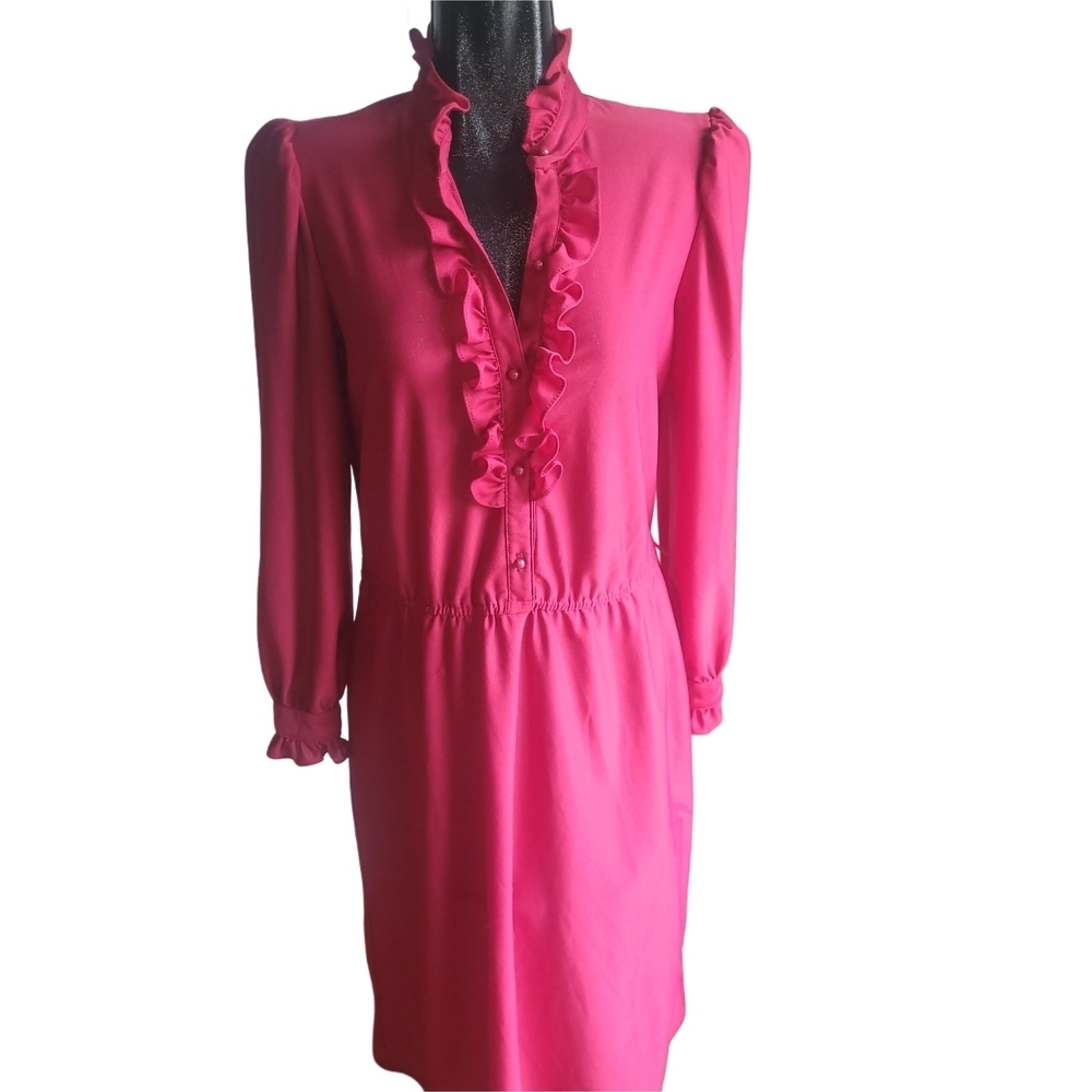 Vintage Ruffled Puffed Long Sleeve Dress In Red Size M - Picture 2 of 7